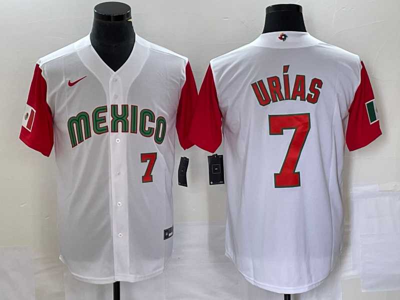 Men's Mexico Baseball #7 Julio Urias Number 2023 White Red World Classic Stitched Jersey 19